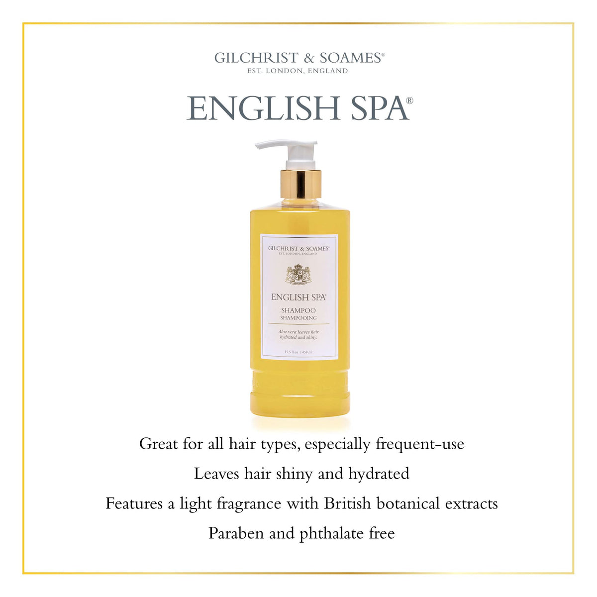 Gilchrist & Soames English Spa Shampoo bottle front shows paraben-free formula