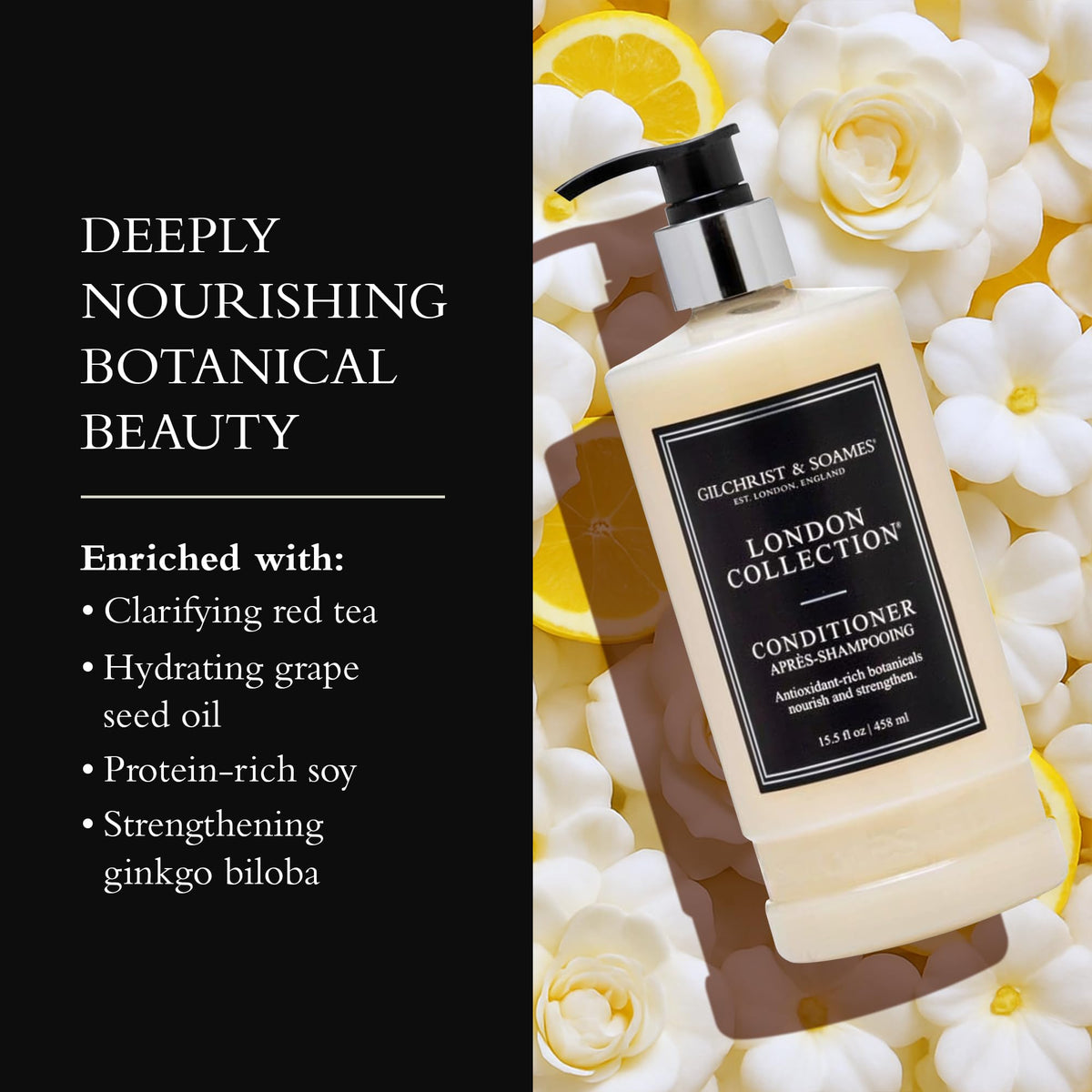 London Collection conditioner pump bottle shows easy application and even distribution