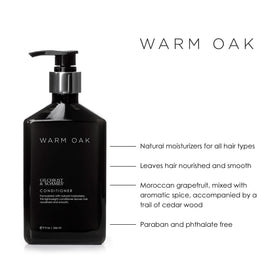 Back of Gilchrist & Soames Warm Oak Conditioner bottle with safe, paraben-free formula details.