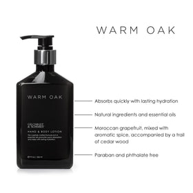 Warm Oak hand lotion jar highlighting creamy texture for quick absorption