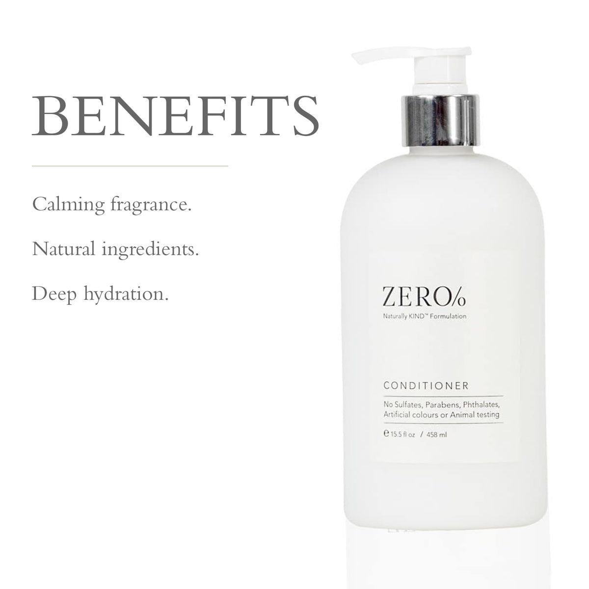 Close-up of Zero% conditioner label showing natural, sulfate-free formula