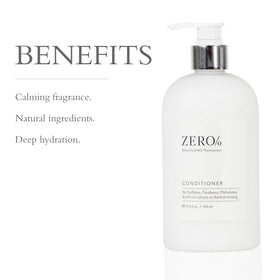 Close-up of Zero% conditioner label showing natural, sulfate-free formula