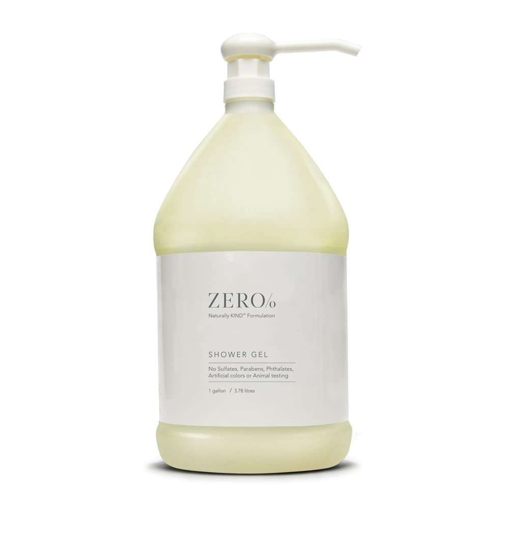 Gilchrist & Soames Zero% shower gel pours from a 1-gallon bottle for a refreshing cleanse.