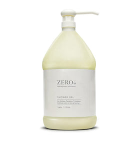 Gilchrist & Soames Zero% shower gel pours from a 1-gallon bottle for a refreshing cleanse.
