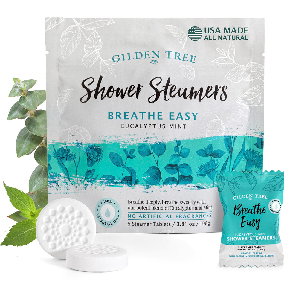 Gilden Tree Breathe Easy shower steamer on tile deliver a refreshing aroma.