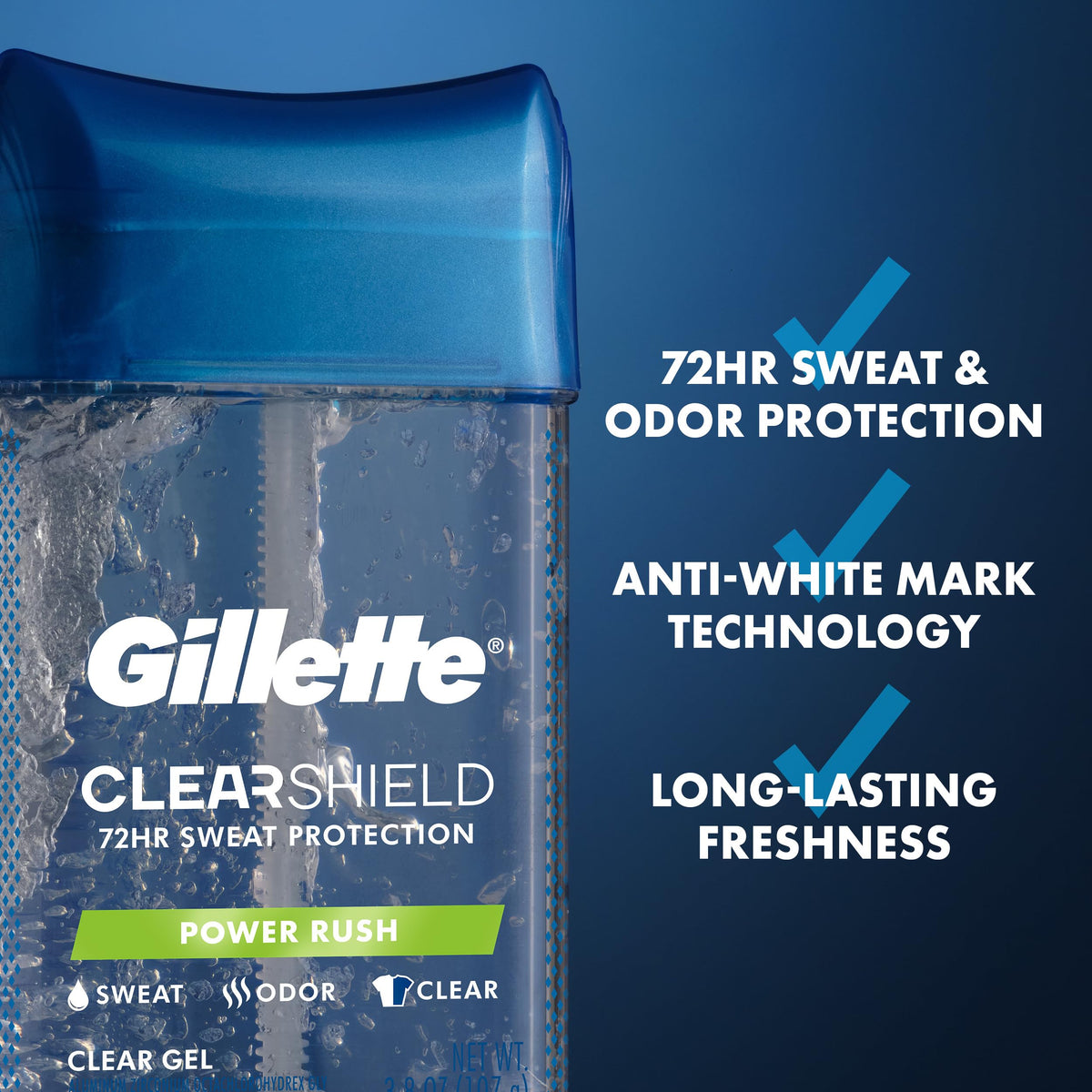 Gillette clear gel dispense demonstrates smooth application and immediate sweat guard