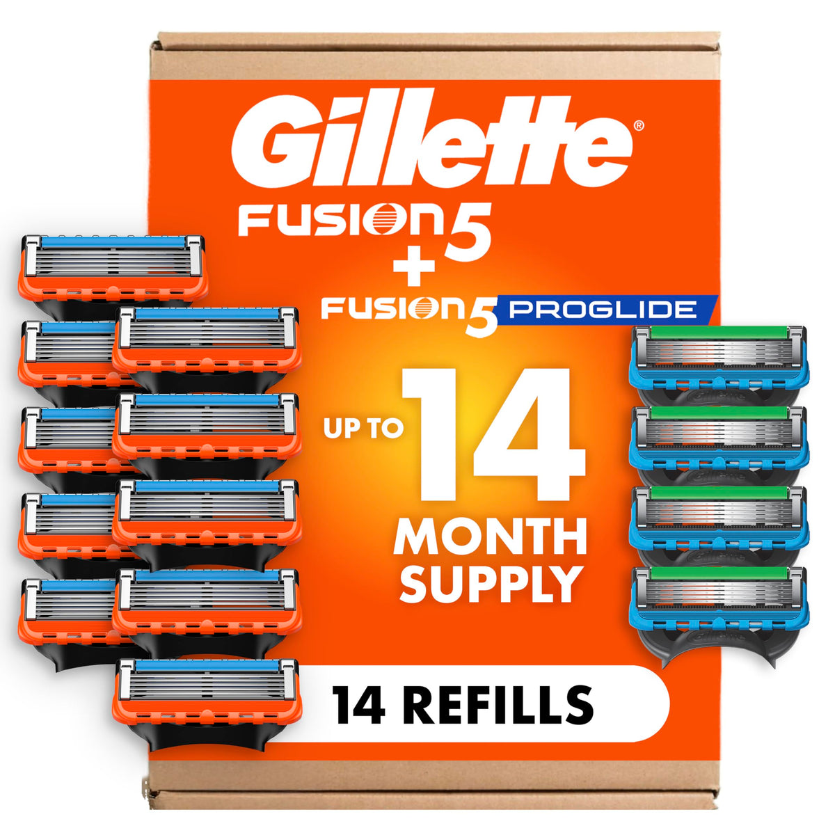 Gillette Fusion5 ProGlide refills front view with 10-count pack for smooth shaves