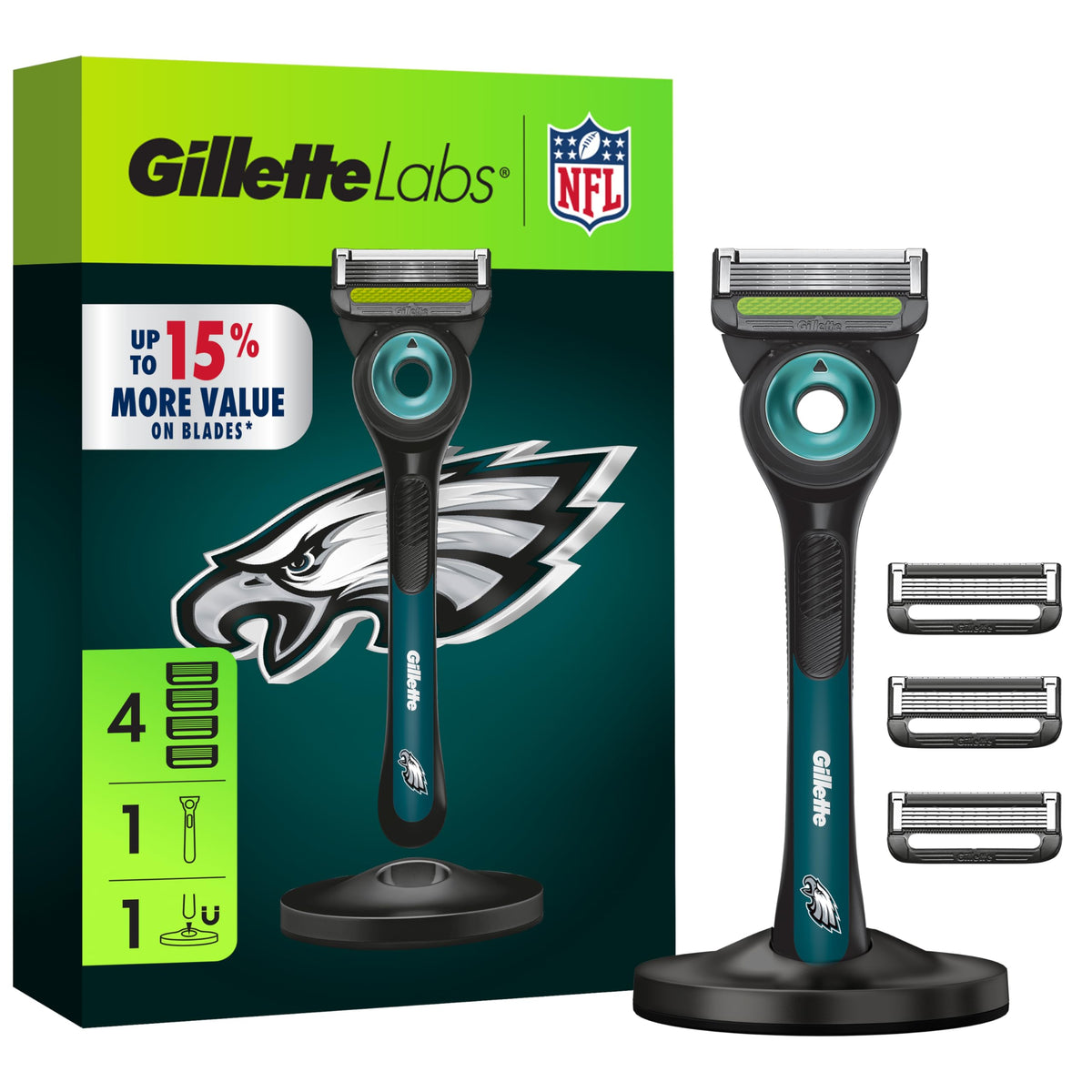 Gillette Labs Eagles Edition razor handle with exfoliating bar for a smoother shave.