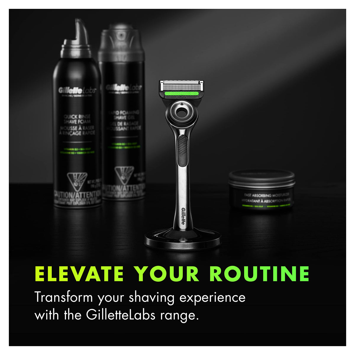 Premium magnetic stand keeps Gillette Labs razor dry and accessible.