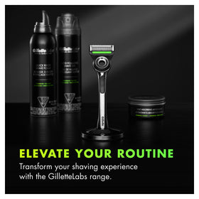 Premium magnetic stand keeps Gillette Labs razor dry and accessible.