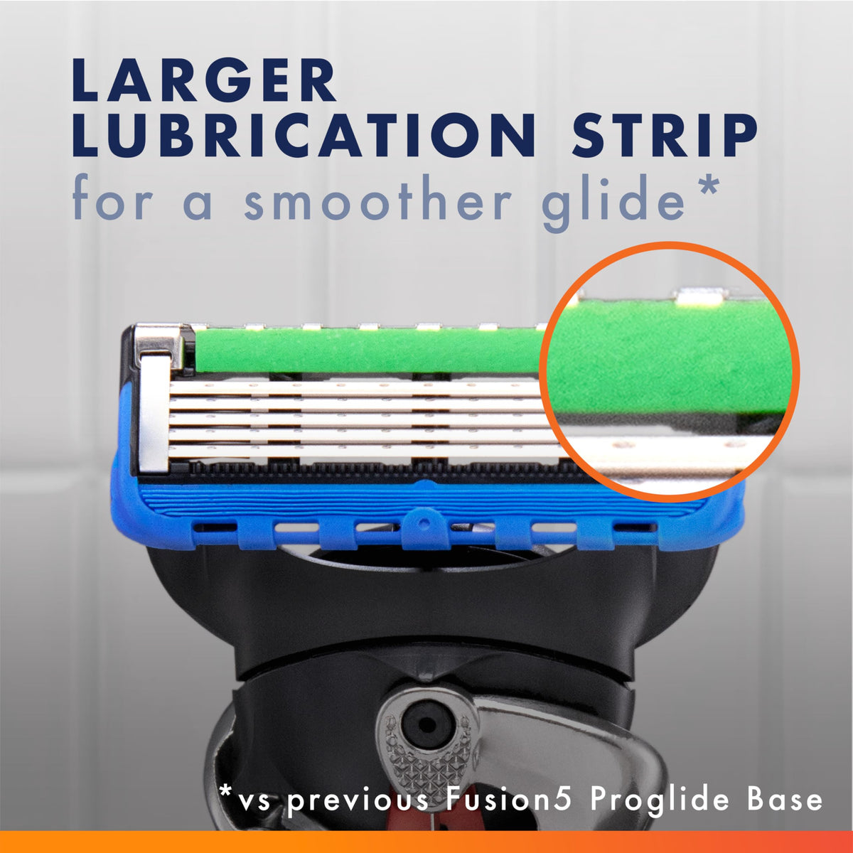 Gillette lubrication strip closeup illustrates smooth glide during shaving