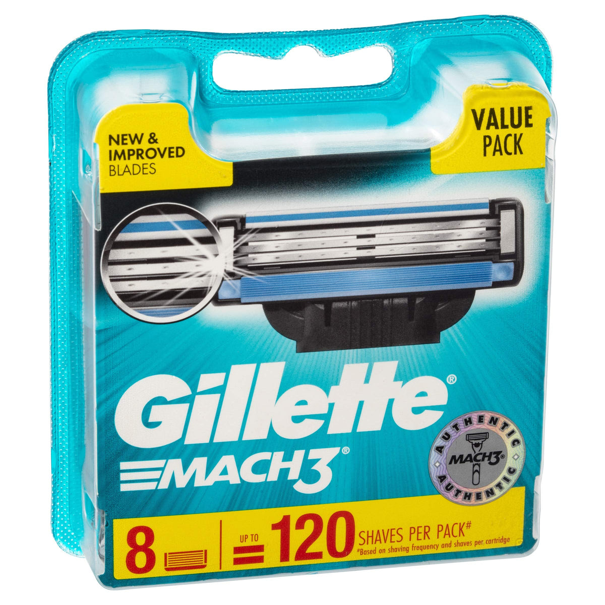 Gillette Mach3 refill 8-count blades close-up showing sharp blades