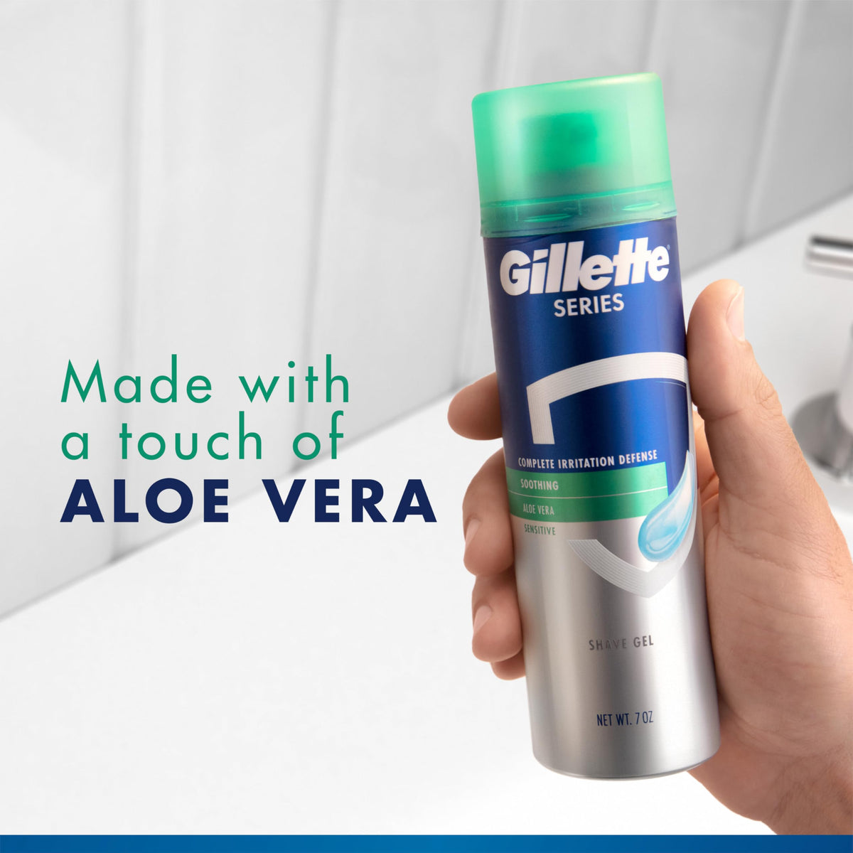 Gillette TGS Series Sensitive Gel aloe-infused formula soothes sensitive skin.