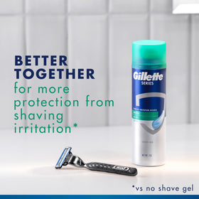 Gillette TGS Series Sensitive Gel label closeup highlights aloe and hydration.