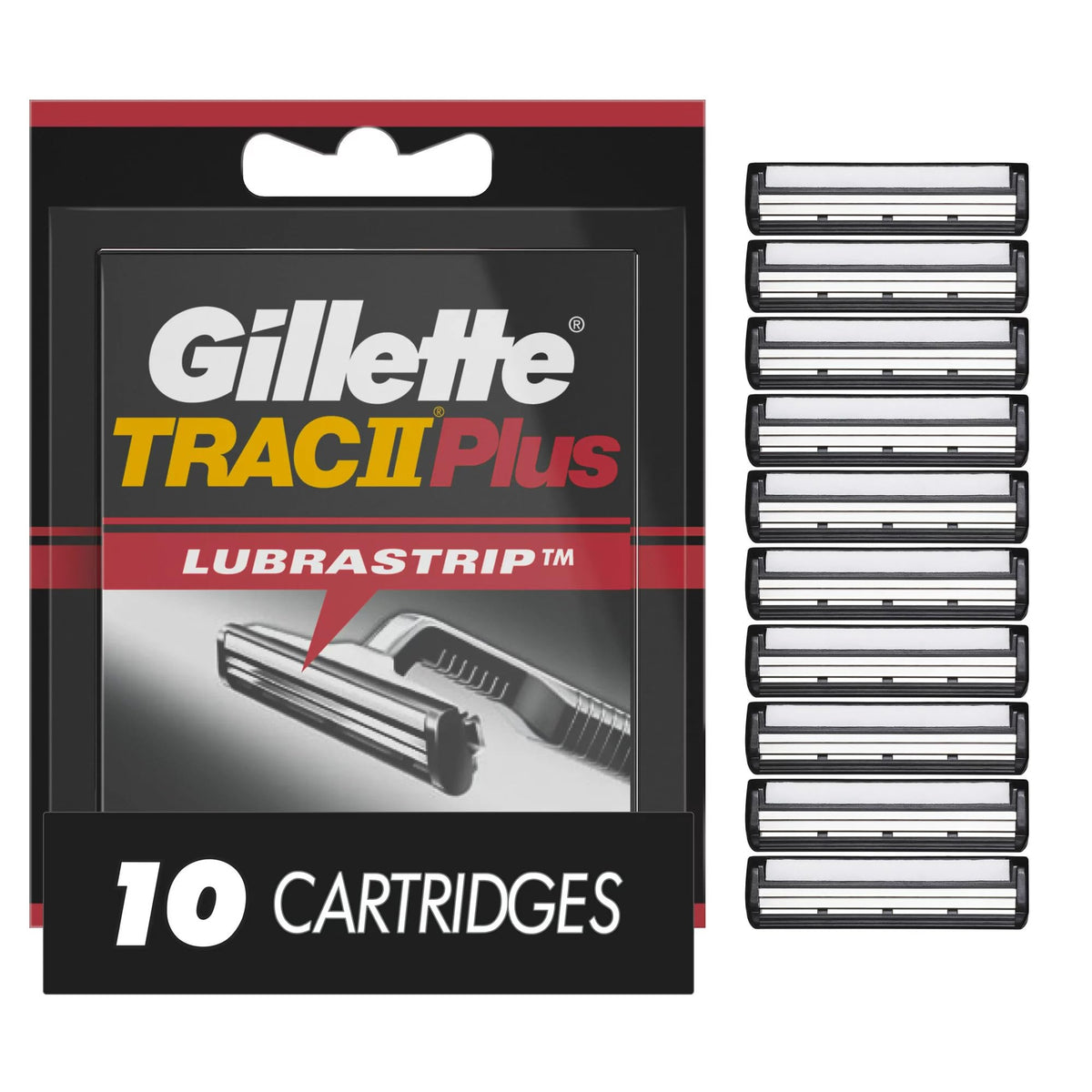 Gillette TRAC II packaging display highlighting product availability.