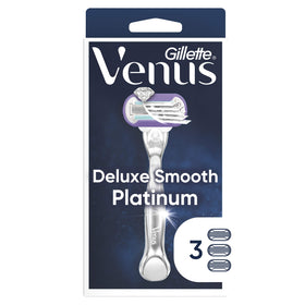 Gillette Venus Deluxe Smooth Platinum razor with metal handle for a steady grip.