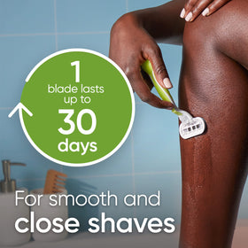 Gillette Venus Embrace refill with pivoting head adapts to curves for comfort.