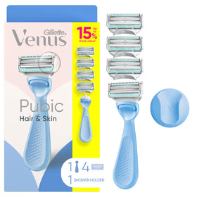Gillette Venus pubic hair and skin razor head close-up showing smooth shave potential