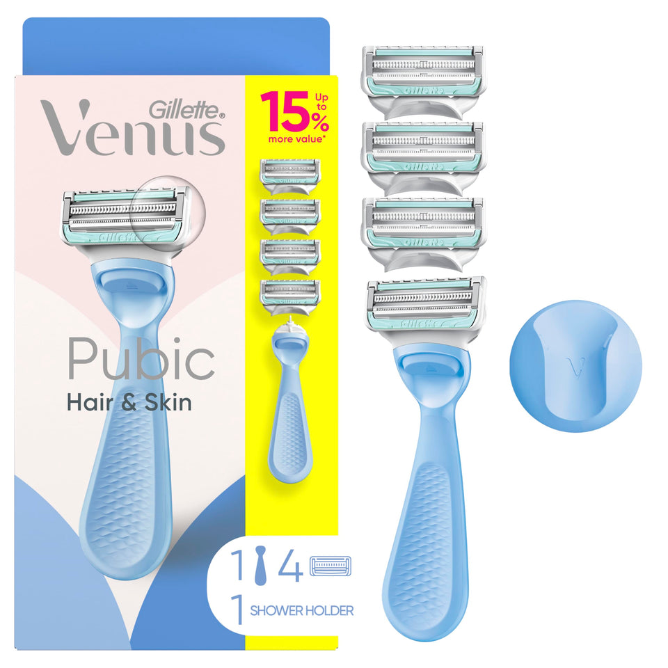 Gillette Venus pubic hair and skin razor head close-up showing smooth shave potential