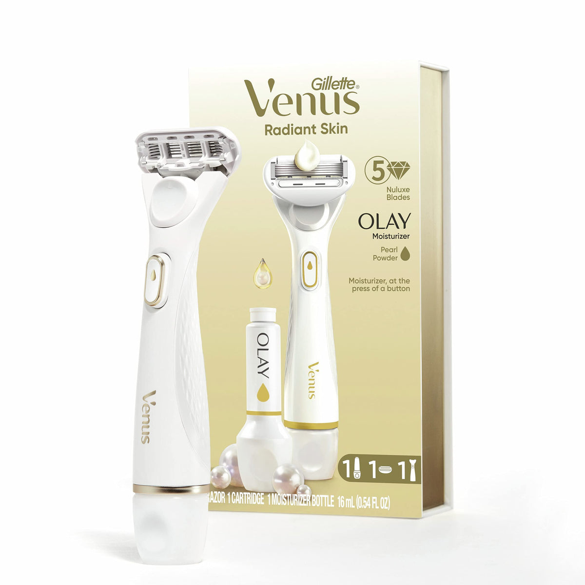 Gillette Venus Radiant Skin razor handle with ergonomic grip for comfortable shaving.