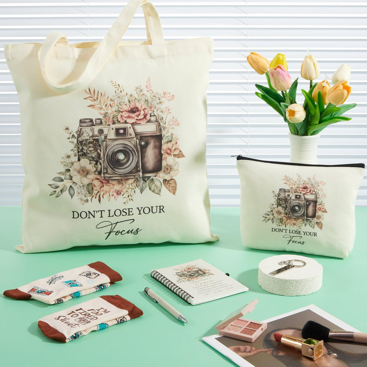 Gilprop cosmetic bag with camera prints for organized makeup on the go