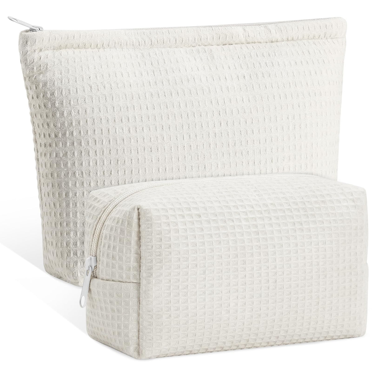 Gilprop waffle makeup bag white stands upright for easy access to cosmetics.