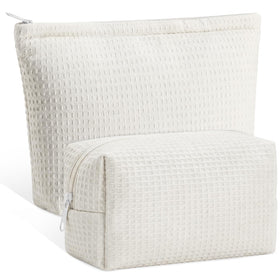 Gilprop waffle makeup bag white stands upright for easy access to cosmetics.