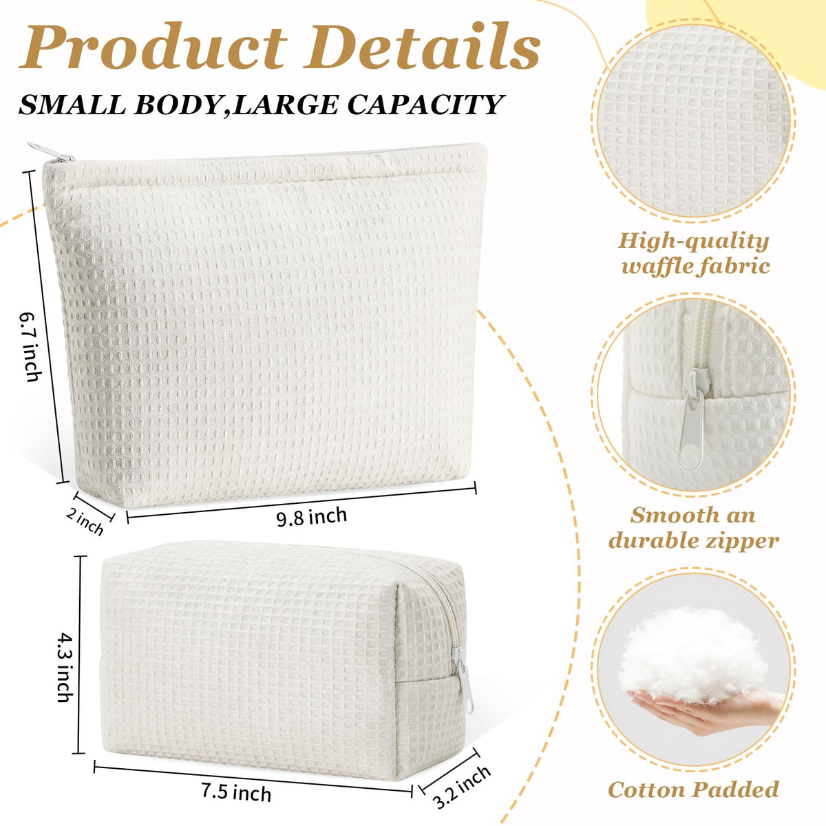 Gilprop white waffle makeup bag with zipper keeps cosmetics secure during travel.
