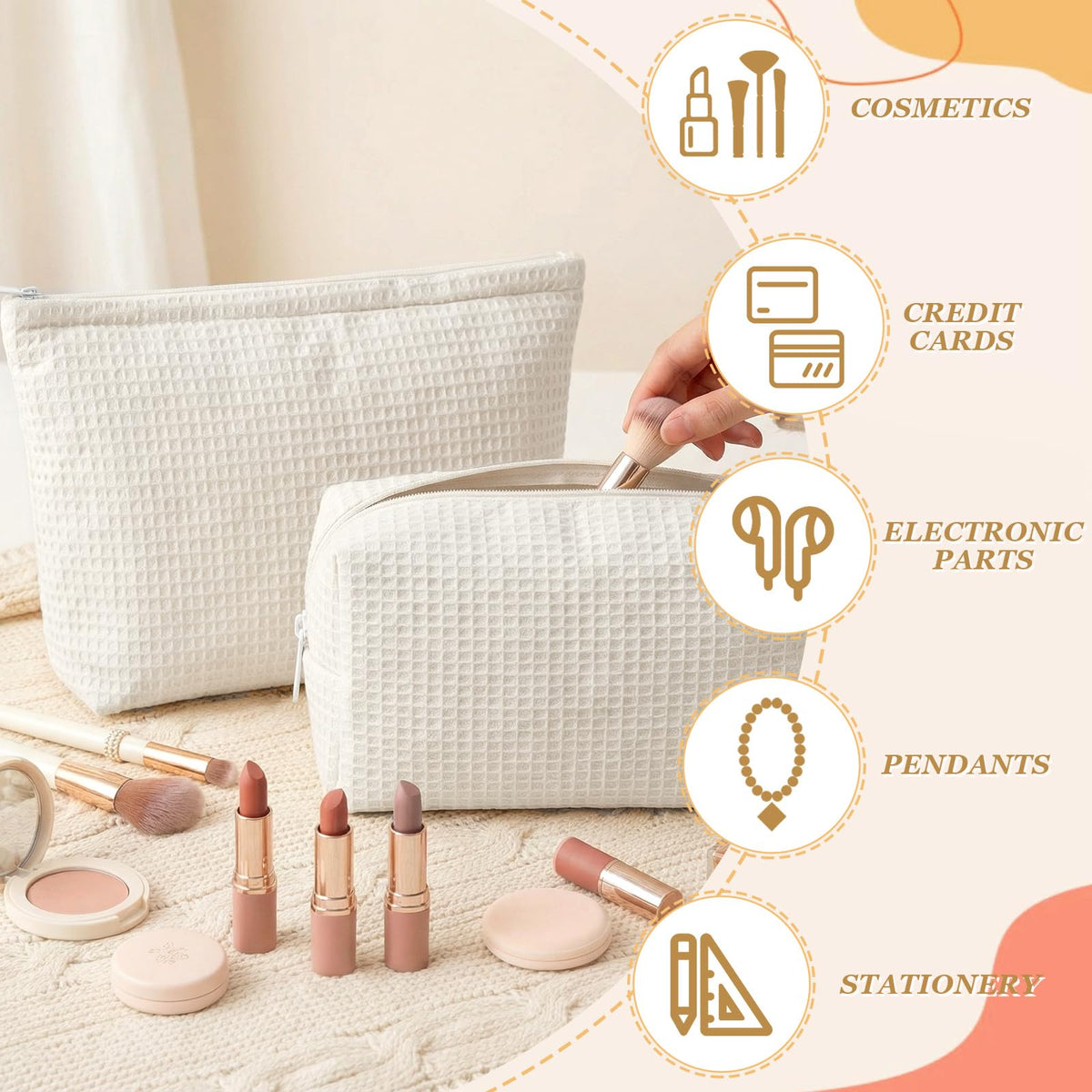 Close-up of waffle fabric texture on Gilprop makeup bag for durability.