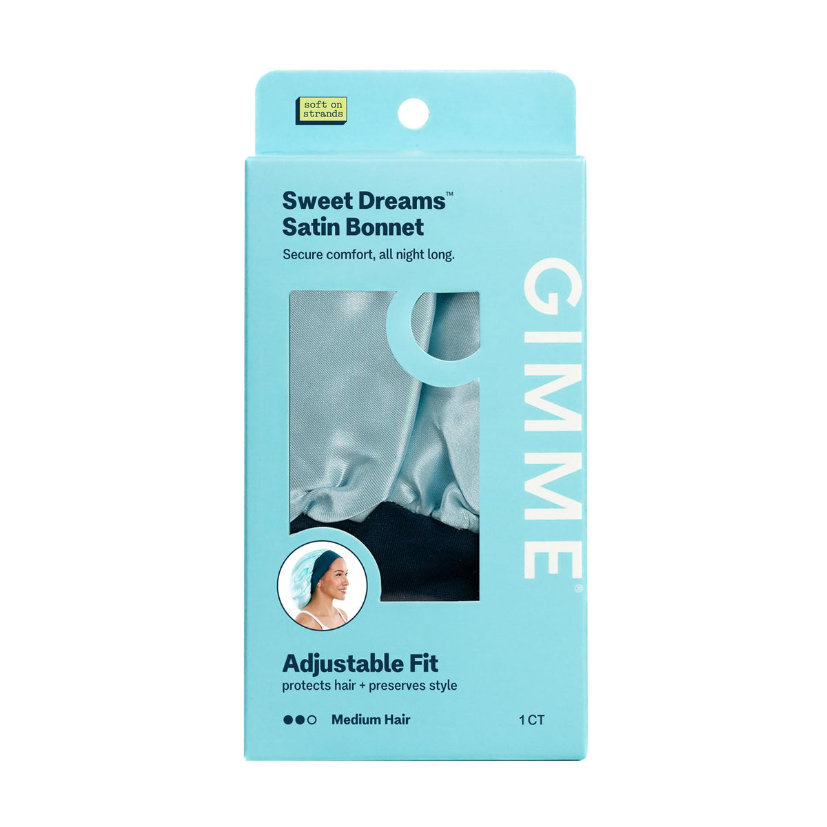 GIMME Beauty Sweet Dreams satin bonnet worn on head for gentle overnight protection and frizz control.