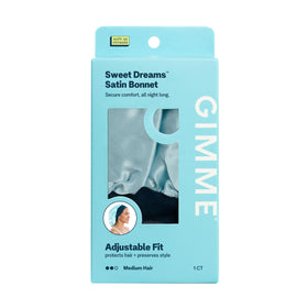 GIMME Beauty Sweet Dreams satin bonnet worn on head for gentle overnight protection and frizz control.