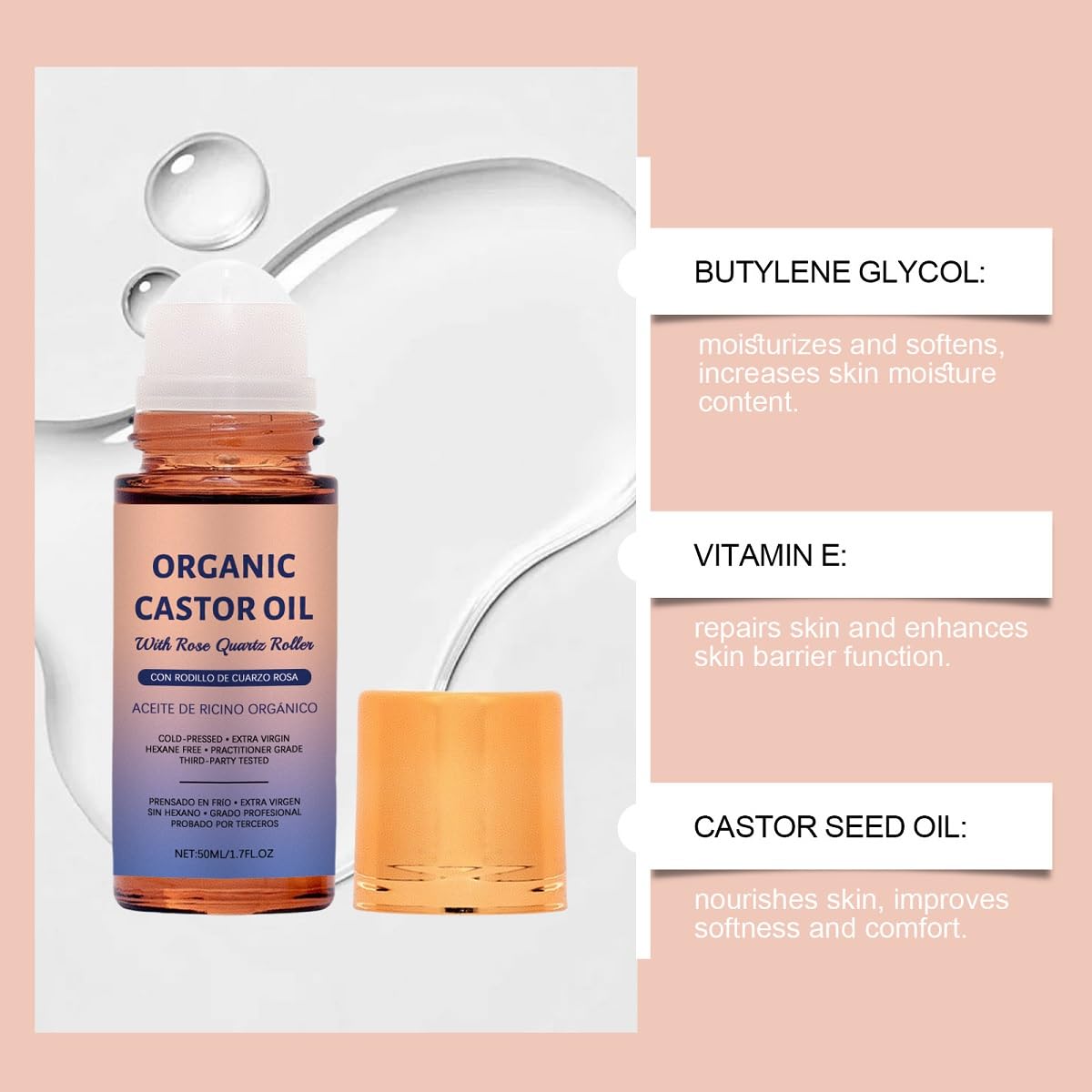 Ginaday castor oil roller applied on skin for quick absorption and hydration.