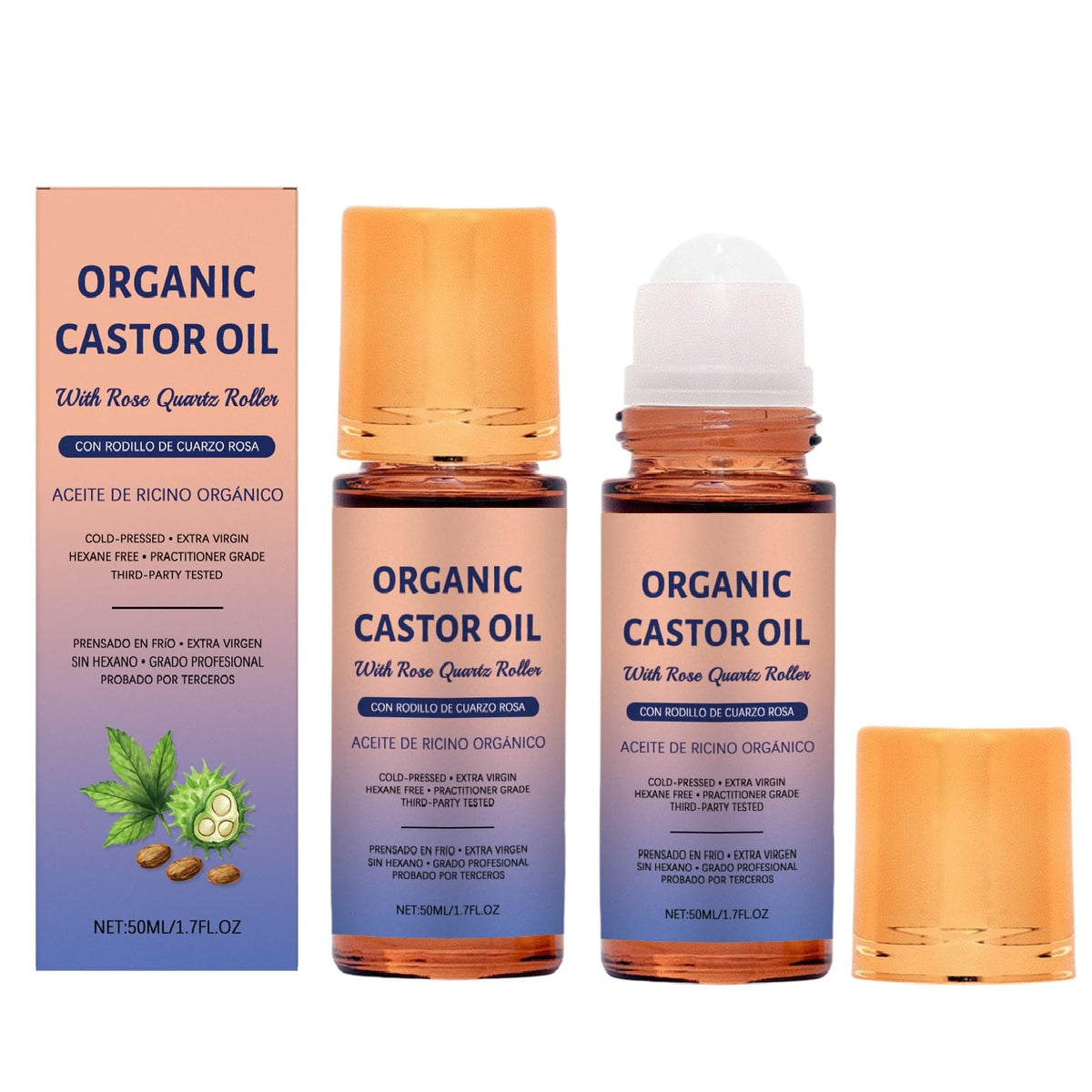 Ginaday castor oil rose quartz roller bottle for portable skin and hair nourishment.