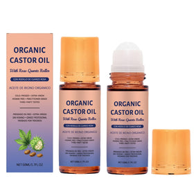 Ginaday castor oil rose quartz roller bottle for portable skin and hair nourishment.