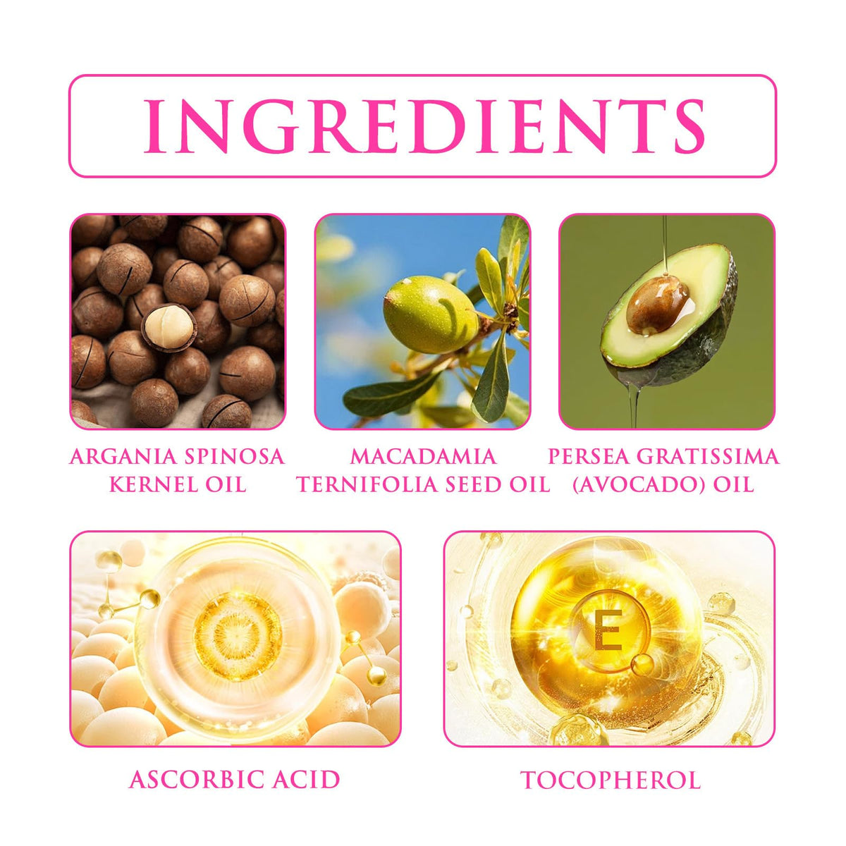Ginaday capsules arranged with ingredients macadamia avocado argan