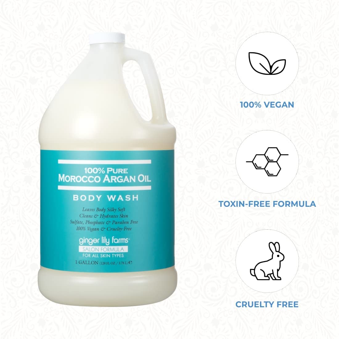 Ginger Lily Farms Argan Oil Body Wash gallon refill packaging ready for spas and homes
