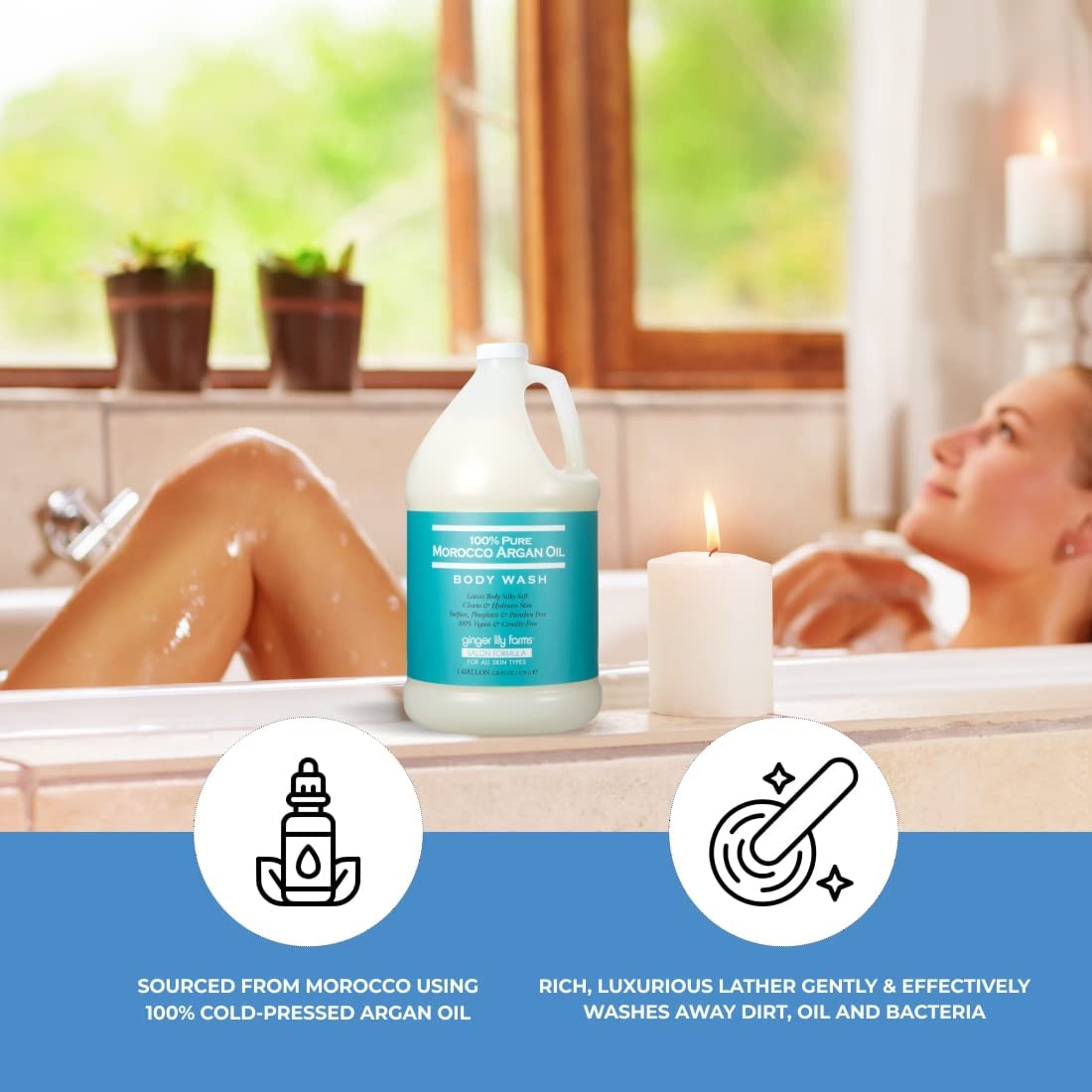 Ginger Lily Farms Argan Oil Body Wash packaging close-up emphasizing recyclable design