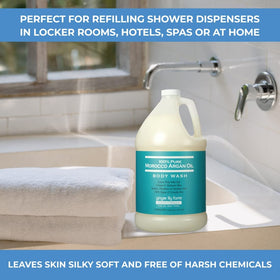 Ginger Lily Farms Argan Oil Body Wash spa-ready setup in a shower scene