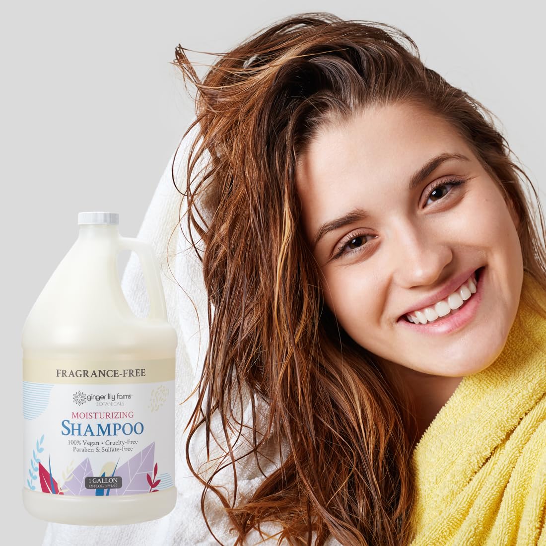 Ginger Lily Farms Botanicals moisturizing shampoo displayed in bathroom setup ready for use