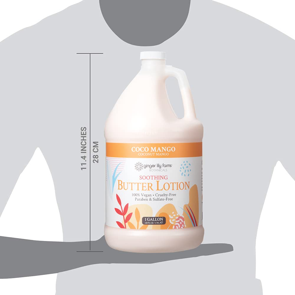 Ginger Lily Farms coconut mango body lotion being applied to skin.