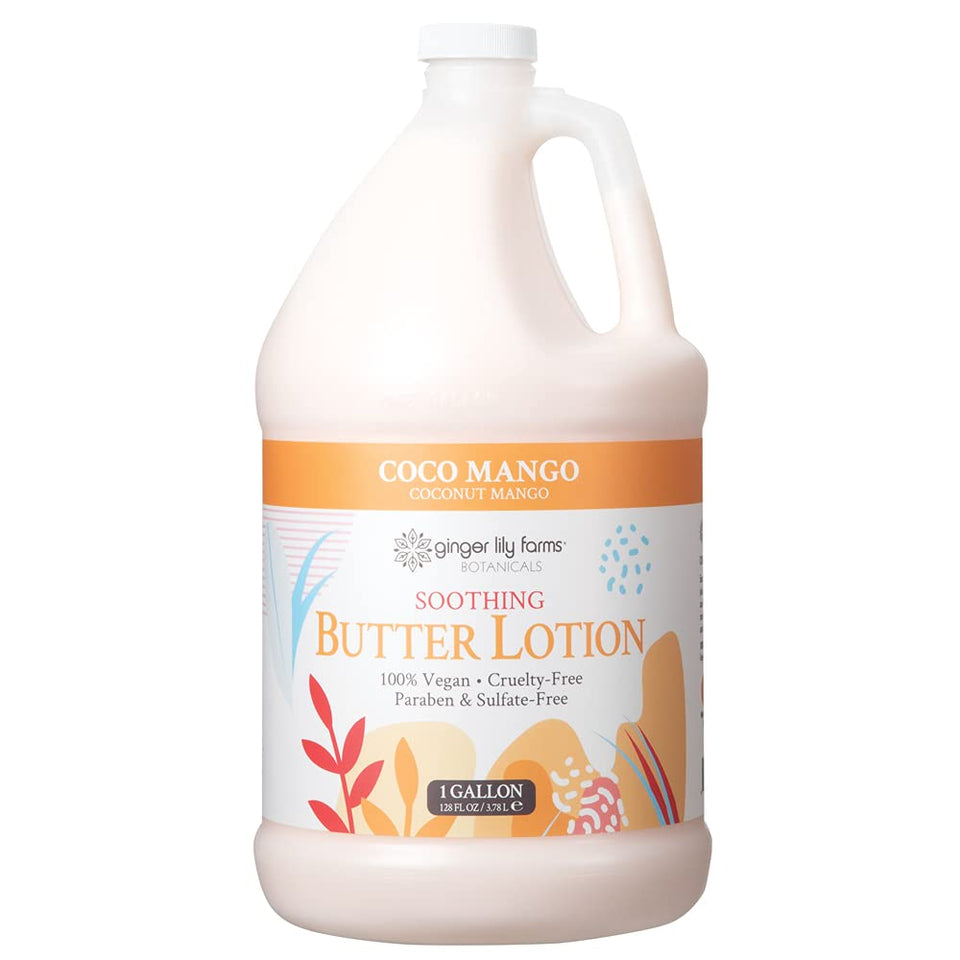 Ginger Lily Farms Botanicals Coco Mango soothing butter lotion bottle showing lightweight hydration.