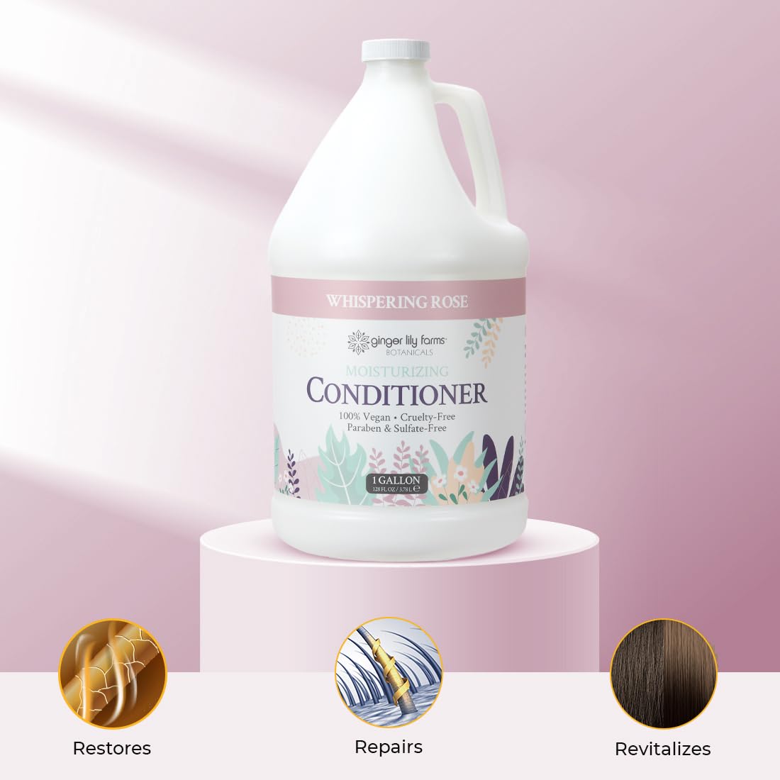 Ginger Lily Farms Botanicals conditioner label shows vegan and cruelty-free credentials for responsible care.