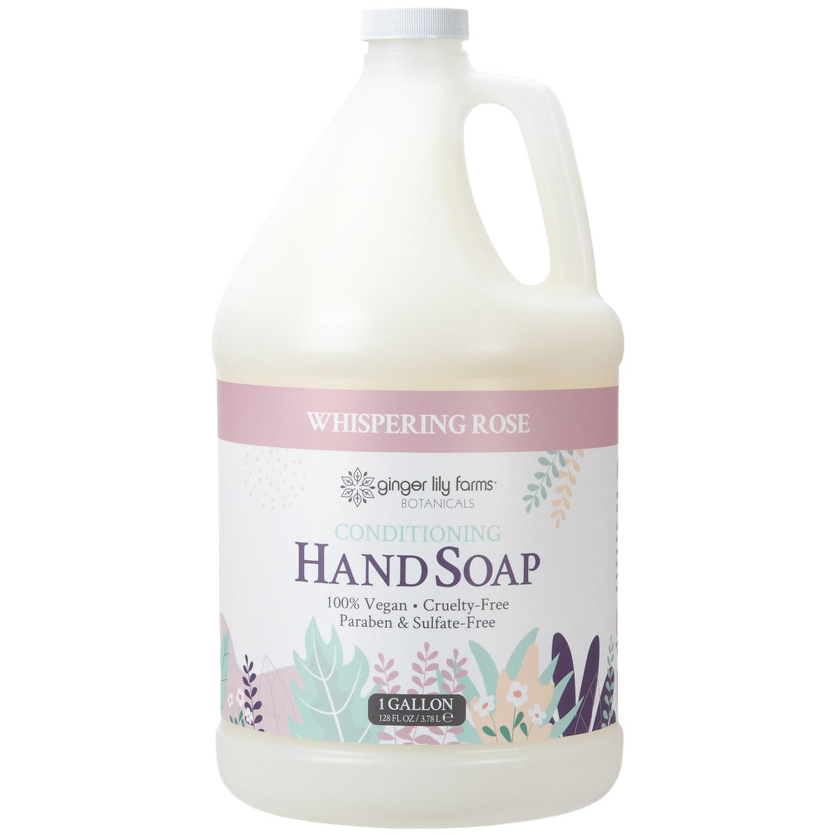 Ginger Lily Farms Botanicals Hand Soap front bottle showing Whispering Rose scent for clean, hydrated hands.