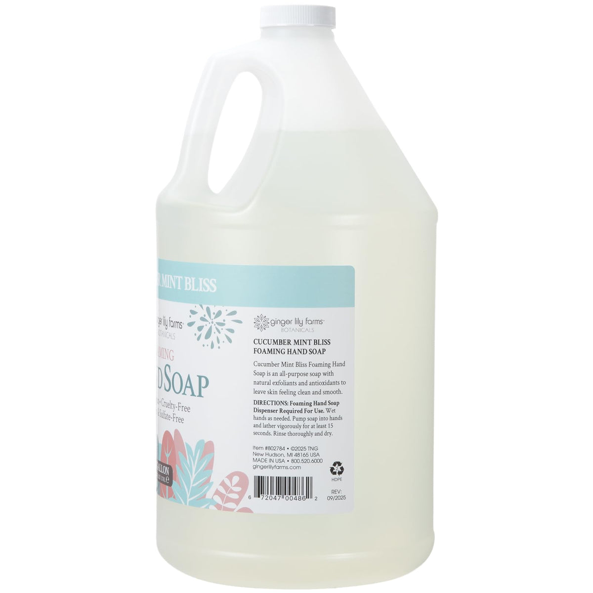 Ginger Lily Farms Botanicals foaming hand soap refill label close-up showing vegan and cruelty-free formula.