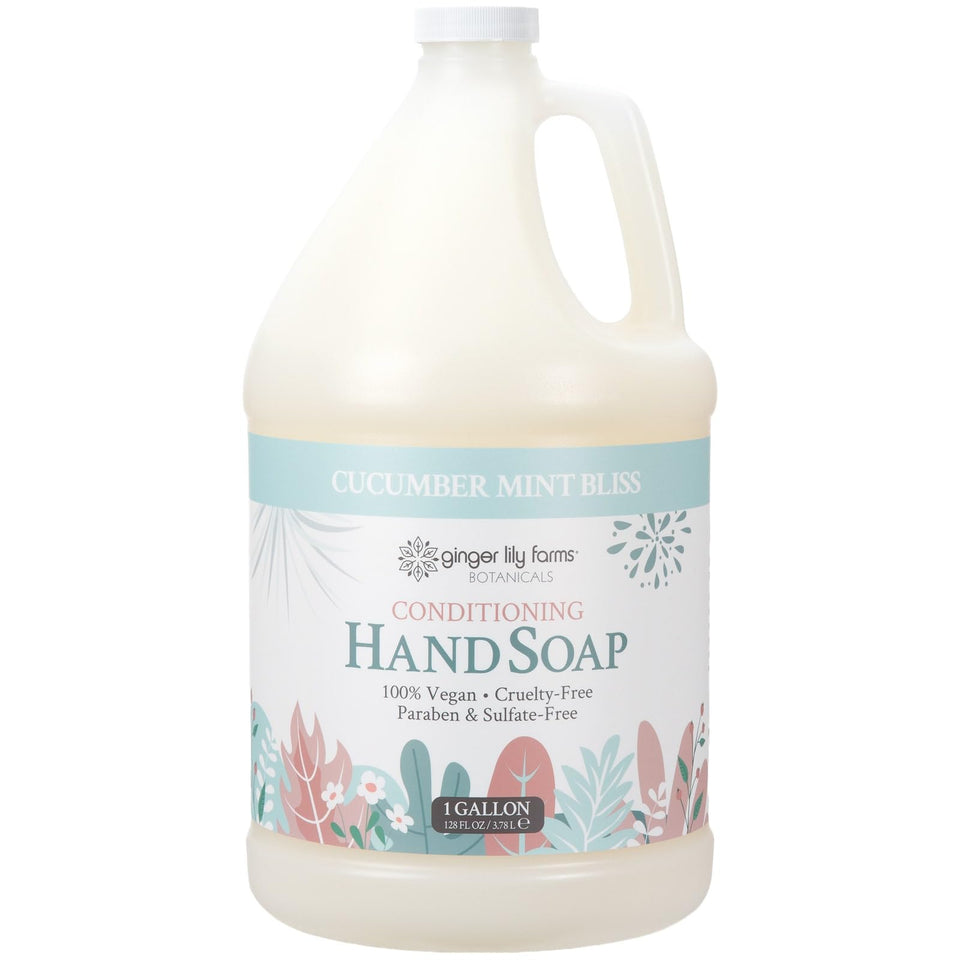 Ginger Lily Farms Botanicals hand soap refill bottle pouring for gym or spa use