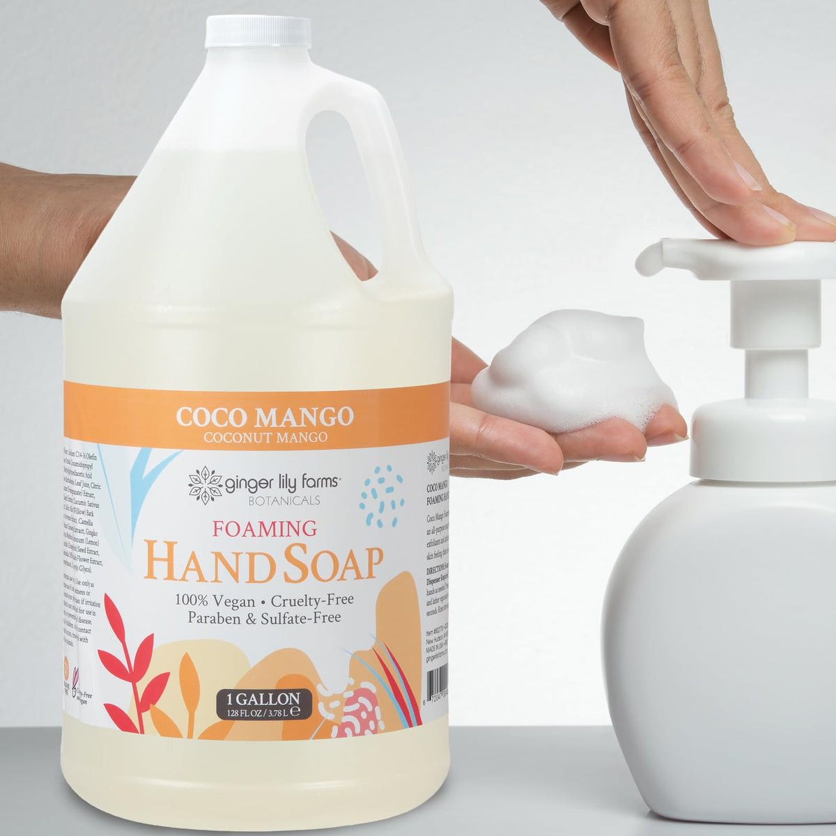 Foaming Coco Mango lather on hands from Ginger Lily Farms Botanicals
