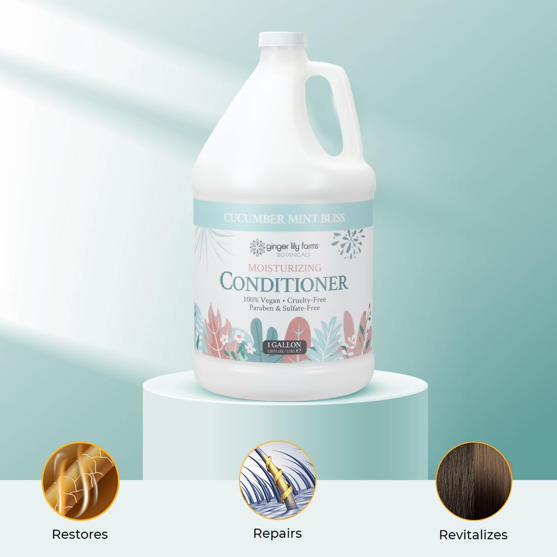 Gallon refill packaging from Ginger Lily Farms Botanicals emphasizes eco-friendly backbar use