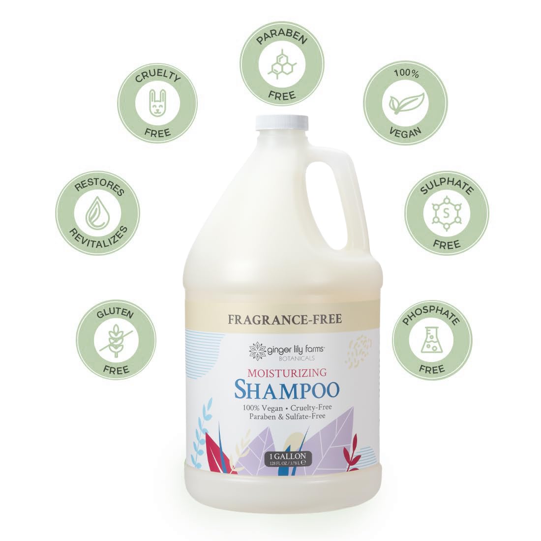 Ginger Lily Farms Botanicals moisturizing shampoo gallon refill emphasizes eco-friendly home or salon refills