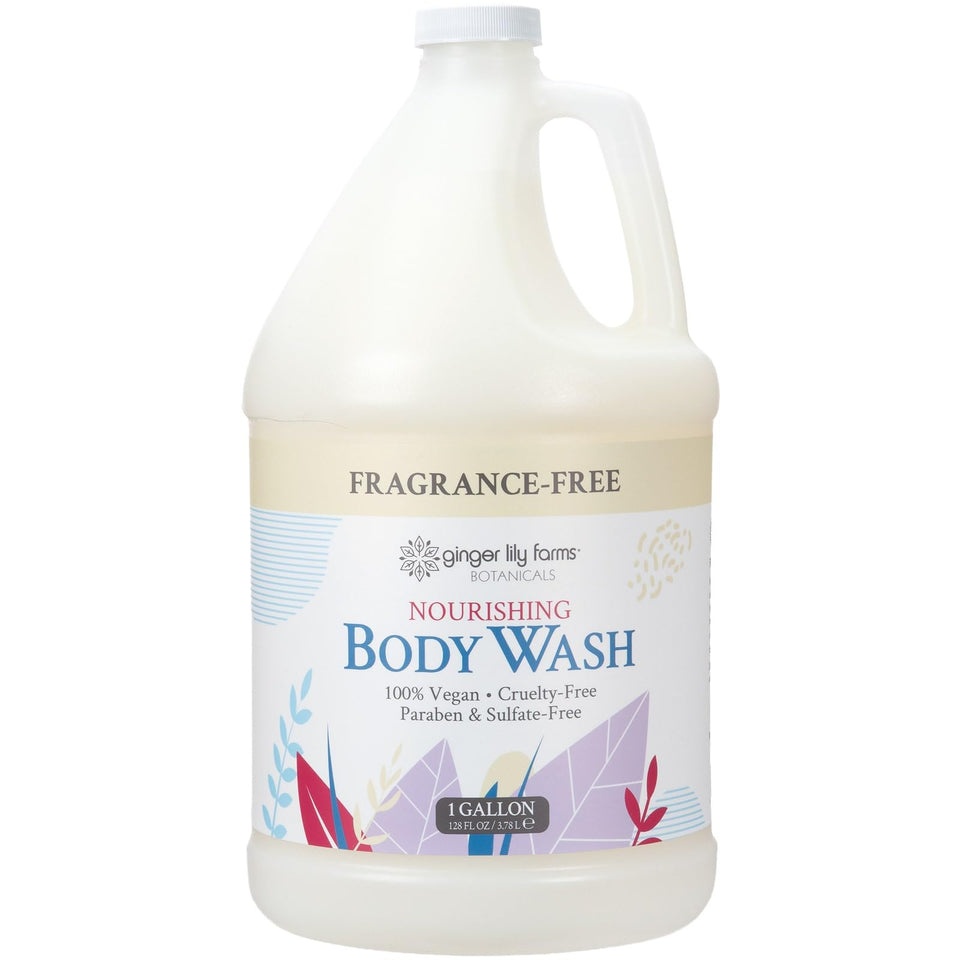 Ginger Lily Farms Botanicals Nourishing Body Wash bottle pouring with silky lather for daily cleansing