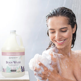 Shower scene using Ginger Lily Farms Nourishing Body Wash in spa-like routine.